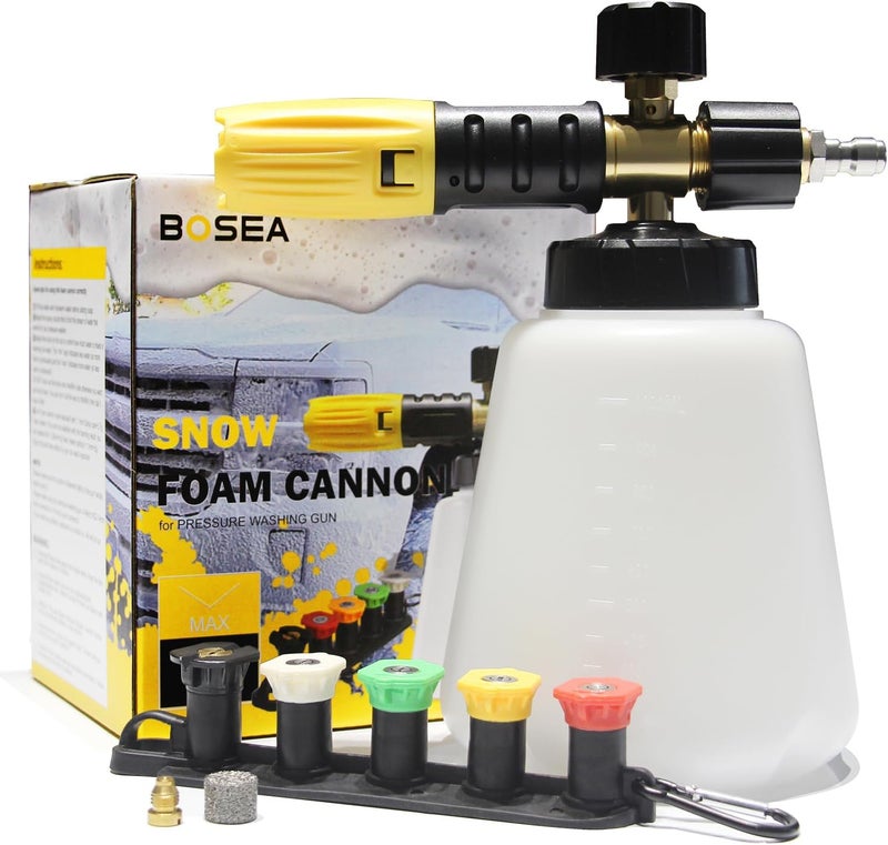 BOSEA Foam Cannon with Pressure Washer Tips and Nozzle Holder, 4000PSI Car Soap Dispenser for Pressure Washer with M22 and 1/4" Quick Connector,1L Bottle - Image 1